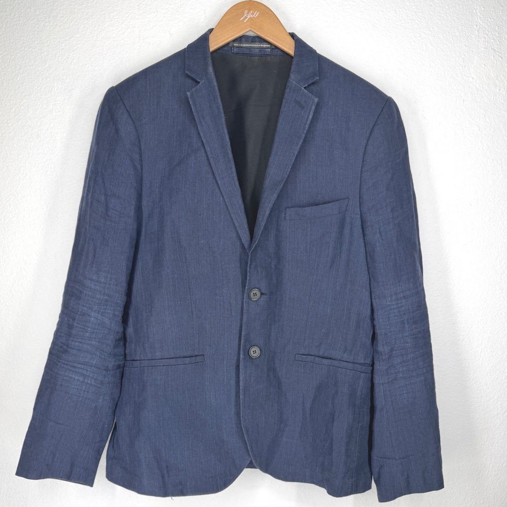 HM Mens Slim Fit Navy Blue 100% Linen Blazer Sport Coat Jacket 38R Tailored